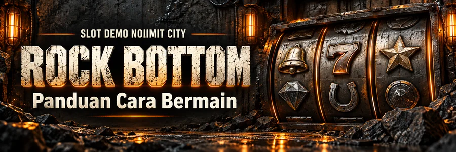 Banner panduan slot demo Nolimit City Rock Bottom dengan ilustrasi gulungan slot.